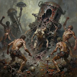 oil paint of flayed god machines, massively battle geocracking, fungal pit, trash patina sheen rotting, by alberto bontempi, alex ross, shigeru komatsuzaki, wayne d barlowe, stefano tamburini, narrative light, muted colors, epic, hyper detailed, awe inspiring, award winning horror, narrative lighting, hyper realism, cinematical