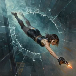 cyberpunk woman diving through a shattering plate glass window during a gunfight, dynamic pose, cinematic lighting, science fiction painting, elegant intricate digital painting artstation, art by coby whitmore and gil elvgren, detailed