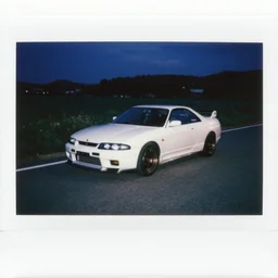Beautiful Polaroid Photograph of Nissan Skyline R33 on a road in Japanese countryside, nightime