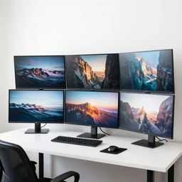 6 4 monitor computer setup, photo, indoors, white walls, home