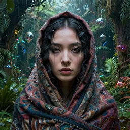 detailed face of a native woman clothed wrapped in textiles, lush, opulent, walled garden, utopian, tech noir, wet reflections, prism, atmospheric, ambient, pj crook, syd mead, livia prima, artgerm, greg rutkowski, nick alm, casey baugh