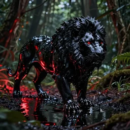 the black lioness made of ferrofluid, stalking prey in the jungle at night, viscous, sticky, dripping black goo, dripping goo, sticky black goo. photography, dslr, reflections, black goo, rim lighting, red light, cinematic light, horror, contrast