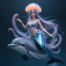Full body photo of the most beautiful goddess, she has a jellyfish-phoenix head's and a siren body, some tentacles are touching her, she is riding a dolphin by Tooth Wu, trending on Artstation, digital art, symmetrical artwork, cinematic, hyper realism, high detail, octane render, 4k, 8k