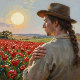 breathtaking detailed soft painting of silver hours of sun, caresses on pepper plains, the hand of the country on my shoulder, rembrandt style, elegant, highly detailed, artstation, concept art, matte, sharp focus, art by tom bagshaw, and greg rutkowski