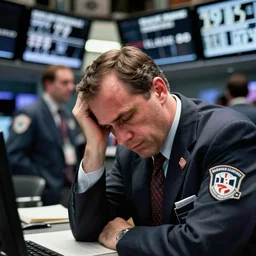 close up photograph of a despondent Wall Street trader on the trading floor on Black Friday 1929, in the style of a Corbis archival photo, Sigma 24mm f/8, by Dorothea Lange