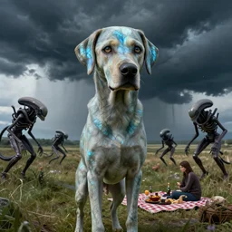 labradorite, still frame from'venus hell storm'movie by rembrandt, xenomorphs in stormy landscape by malczewski, rural xenomorphs on landscape by jakub rozalski, xenomorphs on picnic by giger