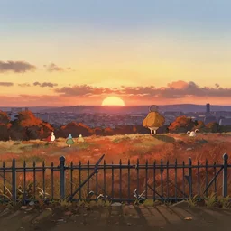 a wholesome animation key shot of a cute empty sunset october landscape with broken metal fence and paris city in far distance, studio ghibli, pixar shinkai and disney animation, sharp, rendered in gouache painting, anime key art by makoto shinkai, greg rutkowski, bloom, dramatic, dynamic lighting