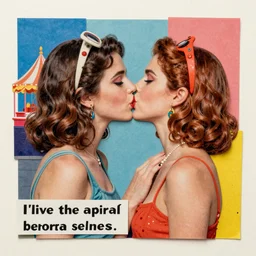 two women kissing at a carnival, mixed media collage, retro, paper collage, magazine collage, acrylic paint splatters, bauhaus, claymation, layered paper art, sapphic visual poetry expressing the utmost of desires