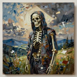 messy painting, rapper skeleton, art by marion bolognesi, artstation