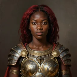 a professionally painted african female model , clothed in ancient battle armor, dark skin, dark red hair, beautiful bone structure, symmetrical facial features, stunningly beautiful, intricate, elegant, digital painting, smooth, sharp focus, illustration, made by Kehinde Wiley and Kara Walker