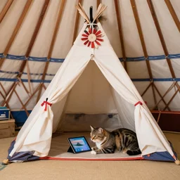 photo of an american indian yurt tent, inside is a cat playing ipad