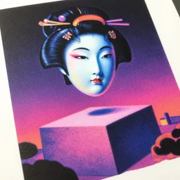 a close - up grainy risograph, painting of a scene from hyper light drigter, neon colors, a big porcelain glossy geisha face floating above the wide monolith, moebius