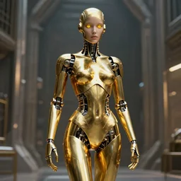 maria of metropolis, a golden humanoid robot, beautiful face, full length portrait, scifi, futuristic, raytracing, yellow cyborg eyes, sharp focus, cinematic lighting, highly detailed, artstation, divine, by fritz lang, gauthier leblanc, kazuya takahashi, huifeng huang