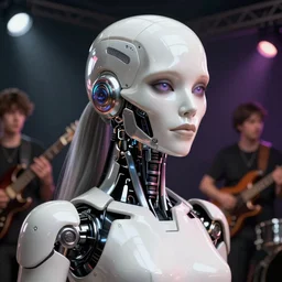 portrait of a cyberpunk robotic female artist, rock band, half skull, music, beautifully detailed, lighting, smooth, elegant, award winning, cgsociety, pixiv, by sachin teng and pascal blanche and alphonse mucha and nekro and josan gonzalez, in style of vector art.