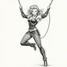 scarlett johansson as spawn spinning with swinging chains in ninja scroll anime style, pencil and ink manga, full body action pose, dramatic lighting in a post apocalyptic cyberpunk city, at night with dramatic moonlight, drawn with added movement effects