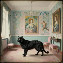 a baroque black animal in a liminal hotel room, daguerreotype by edward hopper, by henri rousseau, by Bosch, by Pontormo, art noveau, highly detailed, strong lights, liminal, eerie, Bright pastel colors, octane render, 8k,
