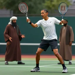 obama playing tennis with the taliban, 3 d render, octane, ray tracing, volumetric lighting, photorealistic, ultra high resolution, ultra detailed