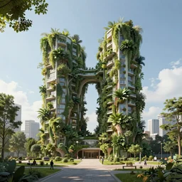 an architecture concept art of a forest building, vegetal walls, parcs in the front, city in the background, blue sky, 4 k, high quality, artstation