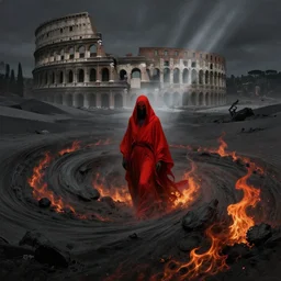 one lone singular swirling otherworldly demonic figure shrouded in red robes emerges from extensive barren charcoal dunescape, flames, matte painting by peter mohrbacher and filip hodas, background colosseum!, godrays, high contrast, highly detailed