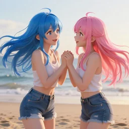 Anime Girls Having Fun in Breeze, blue hair and pink hair anime girls, golden hour, beach, Realistic render, unreal engine 5, love, hyperrealistic,