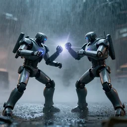 2 robot warriors battling each other in heavy rain, ground fog, lighting, moody lighting, 8 k, shallow depth of field, cinematic lighting,