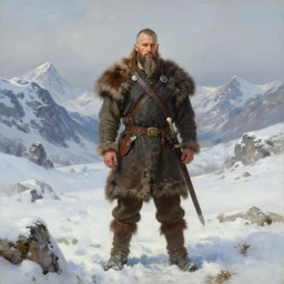 full body realistic painting of viking barbarian, winter, mountains, steve huston style newell convers wyeth