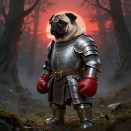 artstation very detailed realistic dramatic shaded  digital portrait award winning painting , backlight whole body sideview oversized anthropomorphic pug with boxing gloves is wearing medieval armor , moody forest foggy background , tank reclaimed by nature and red sunset backlight