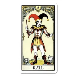 an occult tarot card, the fool, evil jester hat, clever design, ornate border, art deco, art nouveau, playing card