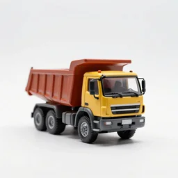 miniature dump truck, photorealistic, isolated on a pure white background, centered, entire object in frame, sharp focus, soft studio lighting
