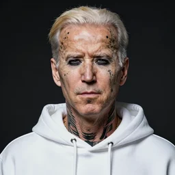 color studio photo of a young adult, face tattoos, short blonde hair, black makeup, white hoodie, joe biden, detailed