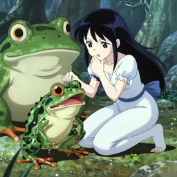 scary godlike fairy in the anime style of Junji Ito cel animation , eating a psychedelic frog violently , being chased by a anthropomorphic giant frog , pastel , petite , upper body , epic , traditional makeup , gorgeous features ,Perfect pixel art, Post-processing , Greg rutkowski legendary matte painting , masterpiece
