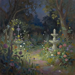 a gorgeous, fantastic, magic night garden landscape by michael kidd, trending on artstation, oil on canvas, muted colors, artgerm