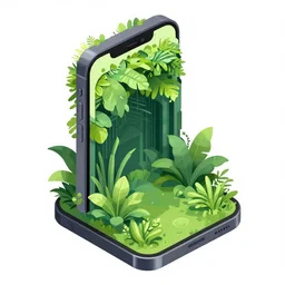 ( ( dither ) ), editorial illustration portrait of an isometric iphone with lush foliage overgrowth, modern art deco, ( ( mads berg ) ), christopher balaskas, victo ngai, rich grainy texture, detailed, dynamic composition, wide angle, matte print, art nouveau, unreal engine