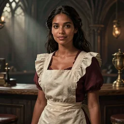 female tavern maid, dark hair, tanned, beautiful, stunning, detailled, by luis royo, by pixar, by myazaki, game of thrones, gothic, final fantasy, fantasy, medieval