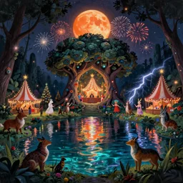 a night carnival around a magical tree cavity, with a surreal orange moonlight and fireworks in the background, next to a lake with iridiscent water, christmas lights, volumetric lightning, folklore creatures and fantastic animals and people disguised as fantastic creatures in a magical forest by summer night, masterpiece, underwater scene, masterpiece painted by rolf amstrong, scene by night, dark, dark night environment, refraction lights, glares