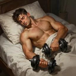 digital painting of a muscular guy is asleep on on comfy bed , he holding a dumbbell in his hands. very detailed ,dramatic , octane render.
