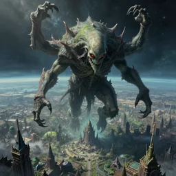 a hyperdetailed matte painting of cthulu descending from space, looming ominous over a fantasy city, d & d, fantasy, lovecraftian horror, monster from beyond space and time, intricate detail, ultrawide lens, aerial photography, cinematic, 8 k, cel shaded, volumetric lighting, octane render, art by studio ghibli, makoto shinkai, artgerm, wlop
