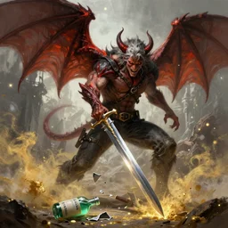 the witcher fighting a demon, broken sword!!, demon with wings, broken bottle of mutagen on the ground, golden powder floating in the air, symetrical, sharp details, highly detailed sword, digital painting, trending artstation, concept art, epic fantasy, illustration, cinematic lighting, vibrant colors, photorealism, epic, octane render.