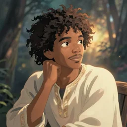 a somali man with curly hair, anime style, studio ghibli, contemplative, beautiful, surreal, detailed, dreamy, philosophical