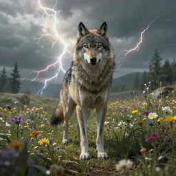 A high fantasy wolf girl standing in the middle of the field of flowers, by Peter Mohrbacher and Craig Mullins, digital art, full shot, suspense, thrilling, official media, beautiful, detailed, high quality, wallpaper 4K, epic, trending on artstation and behance, dynamic lightning