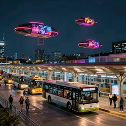 bus terminal in the the city at night by cyril rolando and naomi okubo and dan mumford. flying cars. advertisements. neon.
