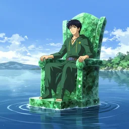 a lone emperor sitting on a emerald throne floating on water in the middle of a lake drawn by Makoto Yukimura in the style of Vinland saga anime, full color, detailed, psychedelic, Authority, structure, a father figure, tarot card, The emperor tarot card
