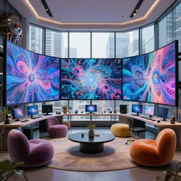 photo realistic look inside a modern ai artists room with video screen walls and whimsical furniture with large windows overlooking a metropolis, perfect symmetry, super focus, 8 k, cinematic lighting, techie, mechanical, psychedelic, fractal, relaxing