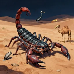 alien scorpion, pelican, and camel in a desert at night. strange anatomy. pulp sci - fi art.