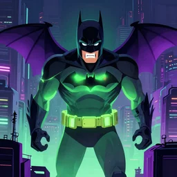 super detailed 8 0's illustration horror art of a glowing green and purple angry batman, cyberpunk city, danguiz, flat art, sharp, by ilya kuvshinov