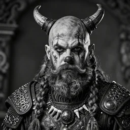 a cinematic view of wide bw photo from a very ornated old clown viking, half shaved haircut, braided beard, showing nordic tattoos in the face, scars in the face, feather earing, using leather armour with necklace of teeth, marvelous expression, photorealistic, volummetric light, detailed, texturized, deep contrast, zeiss lens high professional mode