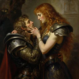 attractive fully clothed arthas menethil confesses his love for his attractive fully clothed thrall son of durotan. highly detailed painting by gaston bussiere and j. c. leyendecker 8 k