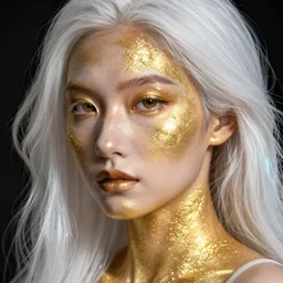 hyperrealistic close-up of beautiful chinese woman with white hair and iridescent gold skin hannah yata dramatic neon lighting
