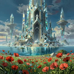 unfinished building by jean - baptiste - camille corot, poppy sea otherworldly atlantis made of glass futuristic tundra assassin's creed crystal lightpaint studio ghibli fantasy meadow dramatic lighting retrowave elysian retro alien water liberty city nature landscape sci - fi anime uv light, archdaily, wallpaper, highly detailed, trending on artstation.