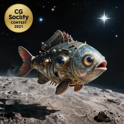 a fish - shaped steampunk rocket with big eyes is flying over a rugged moon. bright colourful stars on the dark sky are in the background. detailed matte painting by salvador dali, cg society contest winner, space art, ( surrealism ).